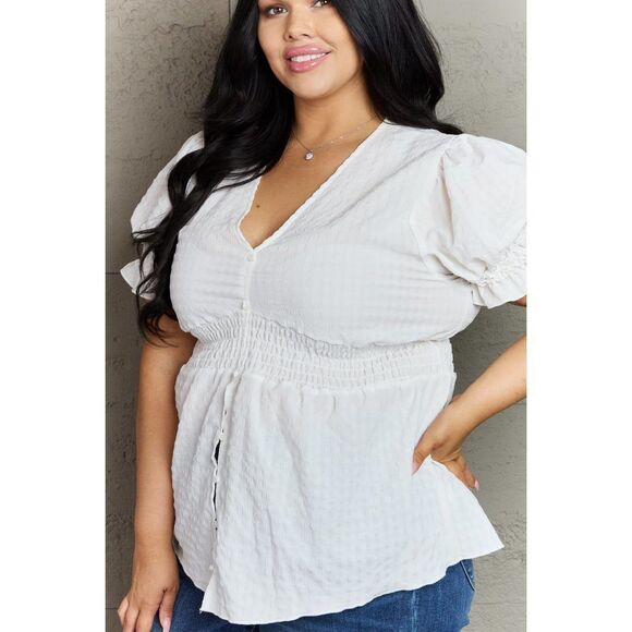 Culture Code Sweet Serenity Full Size V-Neck Puff Sleeve Button Down Top - Picture 12 of 13